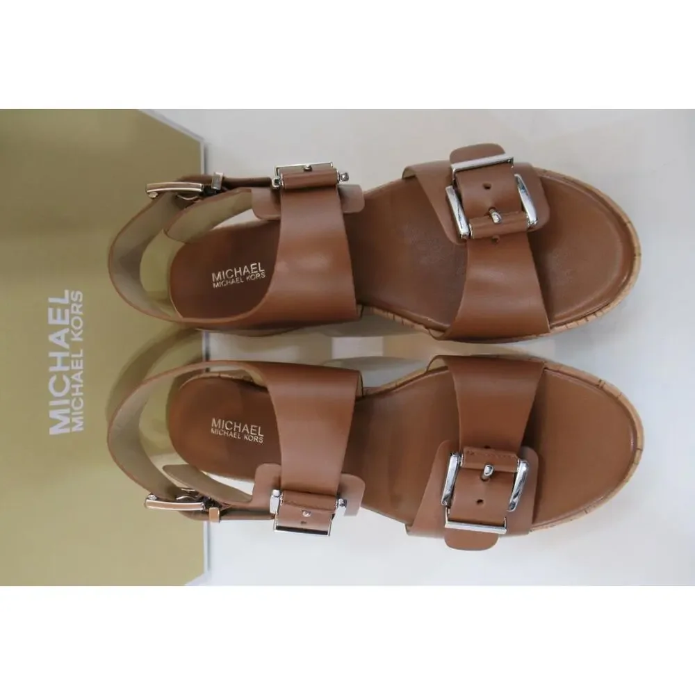 Michael Kors Colby Flatform Wedge Sandal Leather Luggage Light Brown